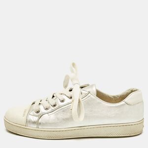 Prada Silver/white  Leather And Rubber Cap Toe Lace Up Sneakers Size 37.5